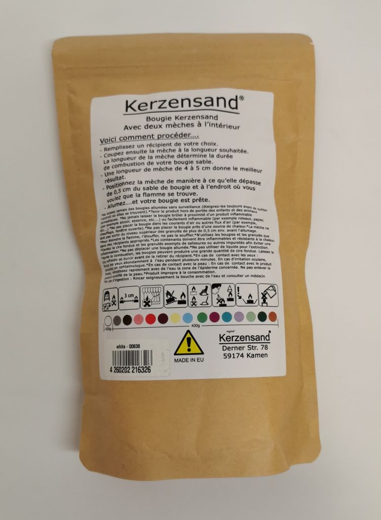 SACHET DE SABLE DE BOUGIE 500 GR COULEUR BLANC + 2 MECHES 500GRS - Photo N°2