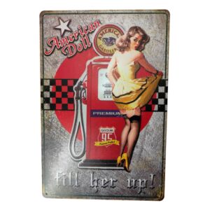 PLAQUE METAL MURALE 20X30 CM POMPE A ESSENCE ET PIN-UP