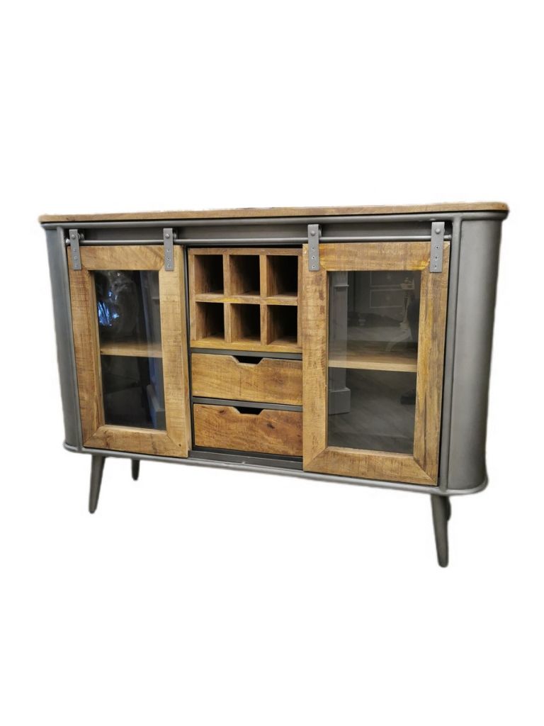 MEUBLE 2 PORTES 6 NICHES 2 TIROIRS EN PALISSANDRE ET METAL 120 X 35 X 86 CM - Photo N°2