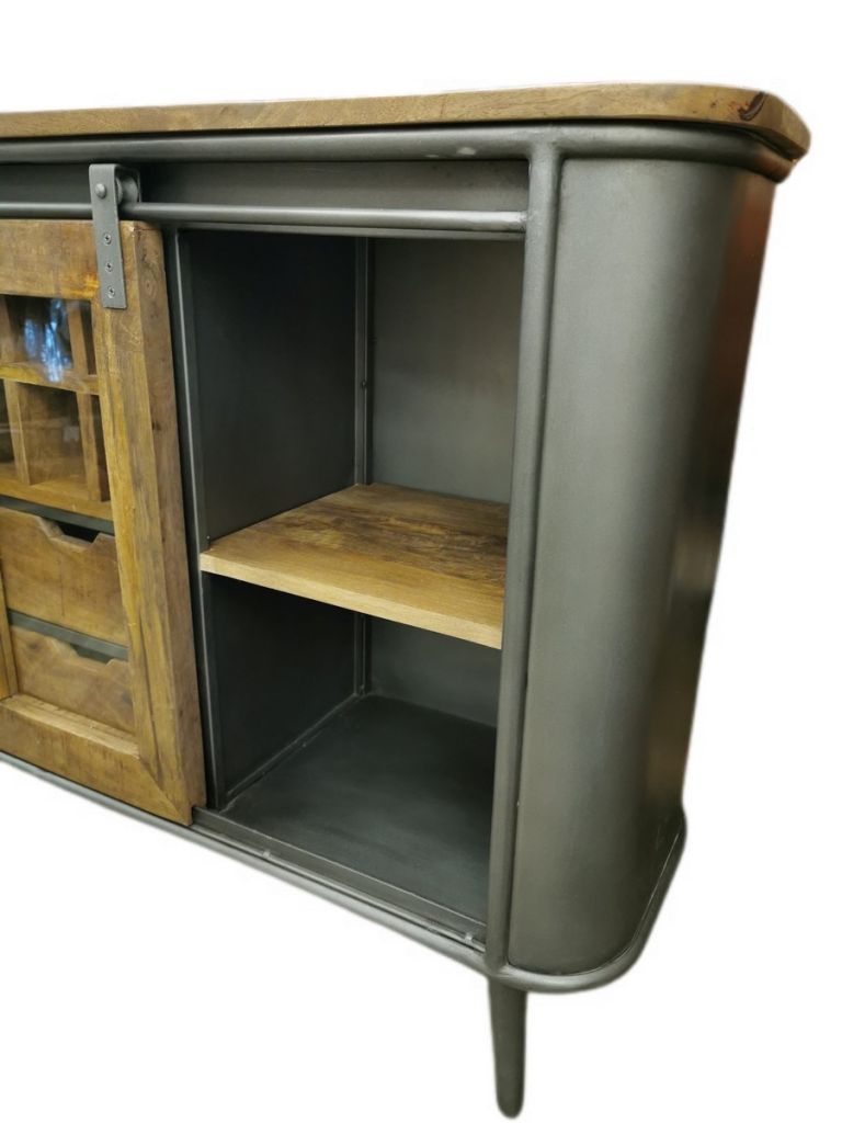 MEUBLE 2 PORTES 6 NICHES 2 TIROIRS EN PALISSANDRE ET METAL 120 X 35 X 86 CM - Photo N°5