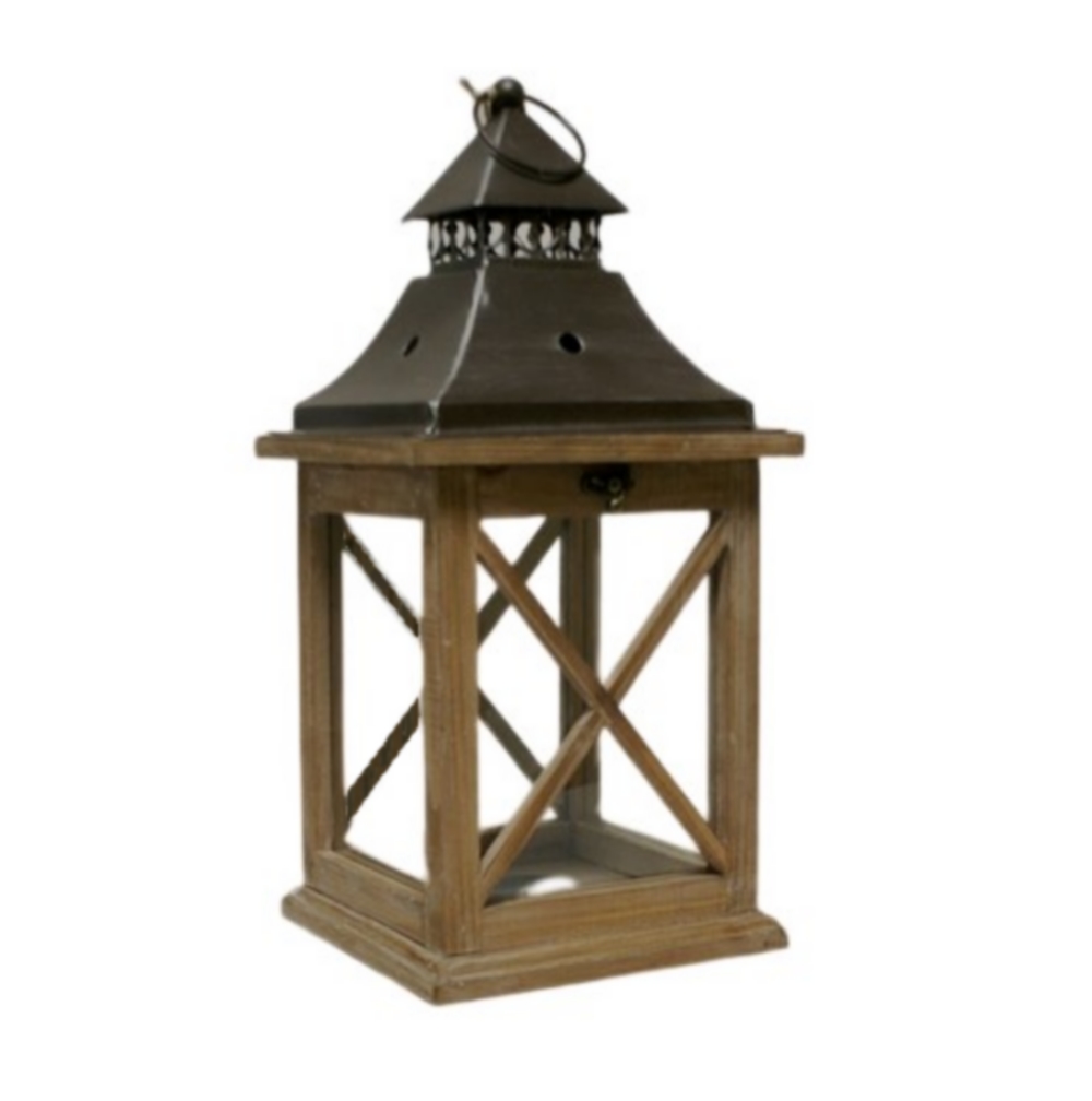 LANTERNE BOIS DESSUS METAL 20X42.5X20 CM - Photo N°1