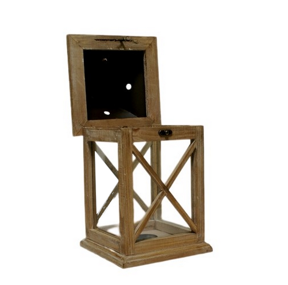 LANTERNE BOIS DESSUS METAL 20X42.5X20 CM - Photo N°3