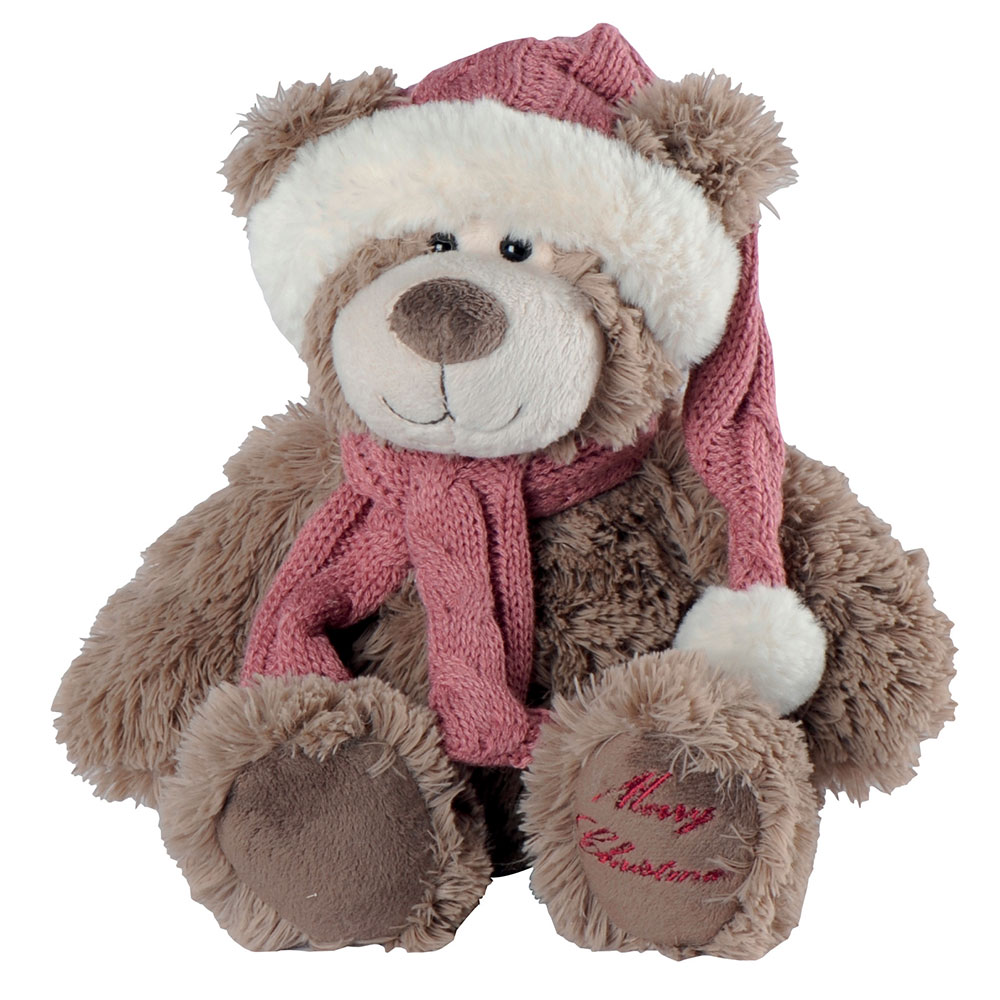 PELUCHE OURS ARVID BRUN AVEC BONNET ET ECHARPE ROSE ET BLANC 27 cm - Photo N°1
