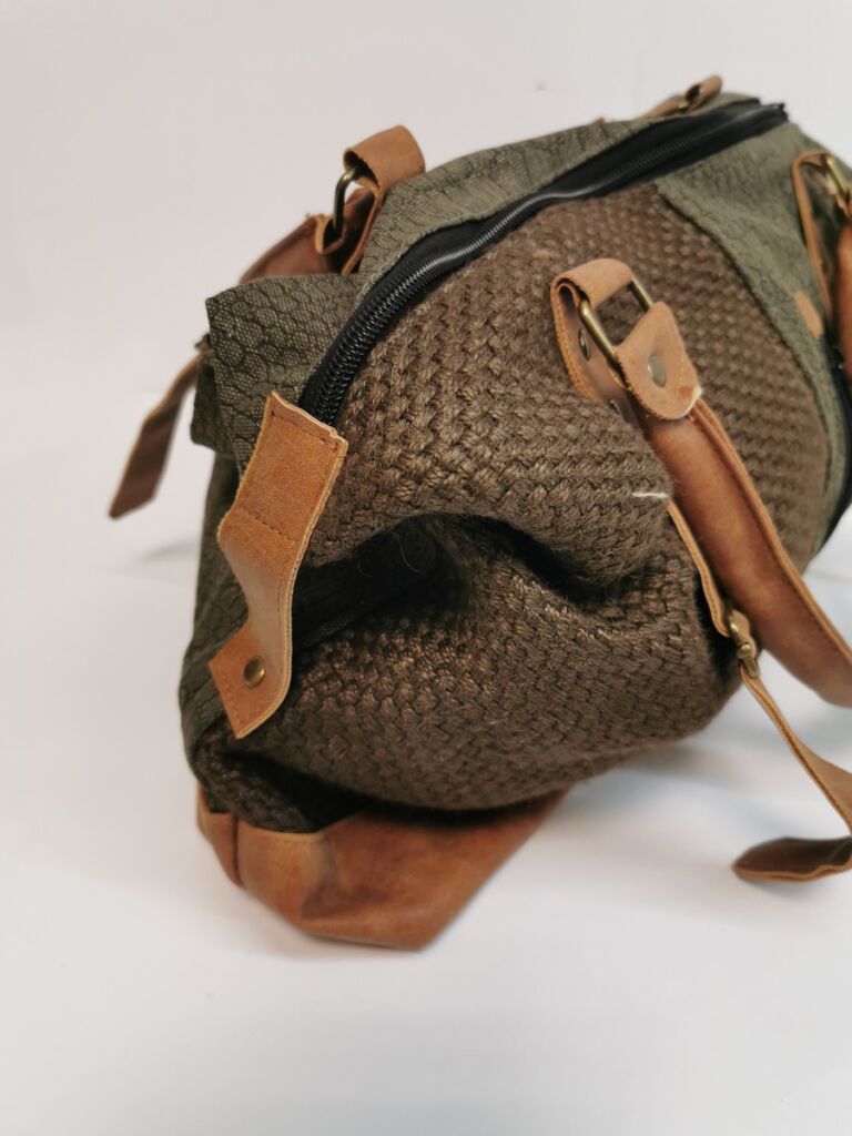 SAC A MAIN TOILE BICOLORE VINTAGE KAKI ET MARRON 37  X 19 X 25 CM - Photo N°4