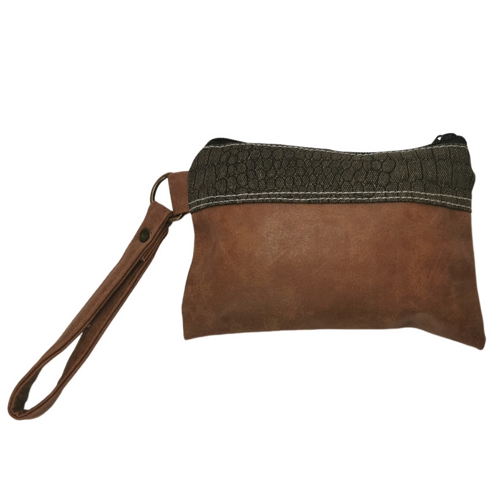 POCHETTE ZIPPE TOILE BICOLORE VINTAGE KAKI ET MARRON AVEC LANIERE 17 X 13.5 CM - Photo N°1