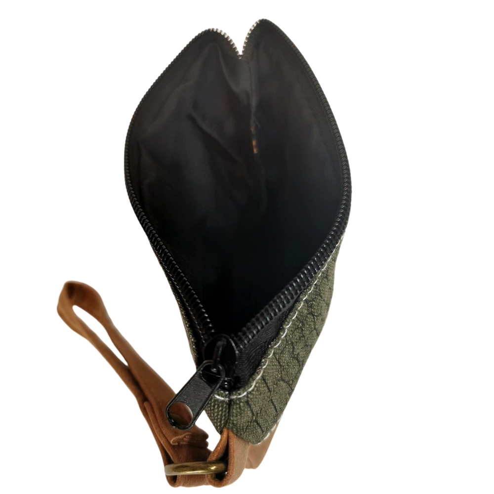 POCHETTE ZIPPE TOILE BICOLORE VINTAGE KAKI ET MARRON AVEC LANIERE 17 X 13.5 CM - Photo N°2