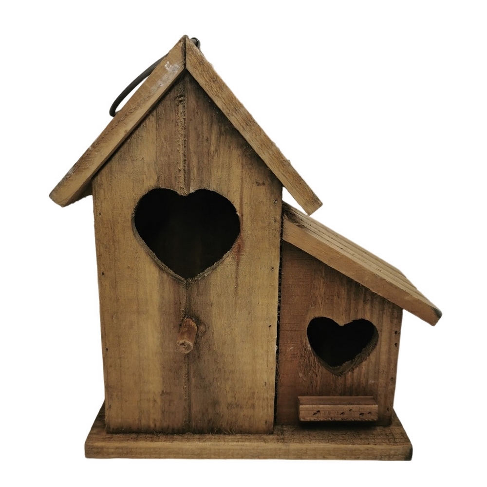 CABANE A OISEAUX DOUBLE BOIS VIEILLI 2 OUVERTURES COEURS 24 X25 X 11 CM - Photo N°1