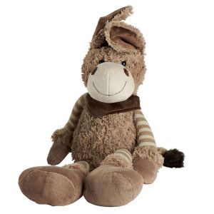 CALVIN  ANE MARRON CLAIR 60 CM PATTES ET ECHARGE LAINAGE RAYE ECRU ET BEIGE