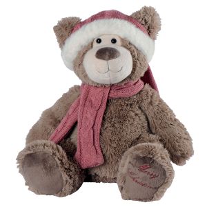 PELUCHE OURS NOMME ASULF BRUN AVEC BONNET ET ECHARPE ROSE ET BLANC 40 cm