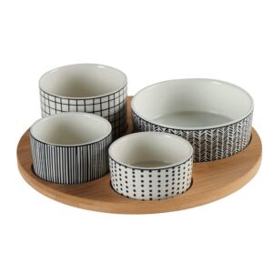 SERVICE APERITIF PLATEAU ROND EN BOIS ET 4 RAMEQUINS  BLANC NOIR ETHNIQUE