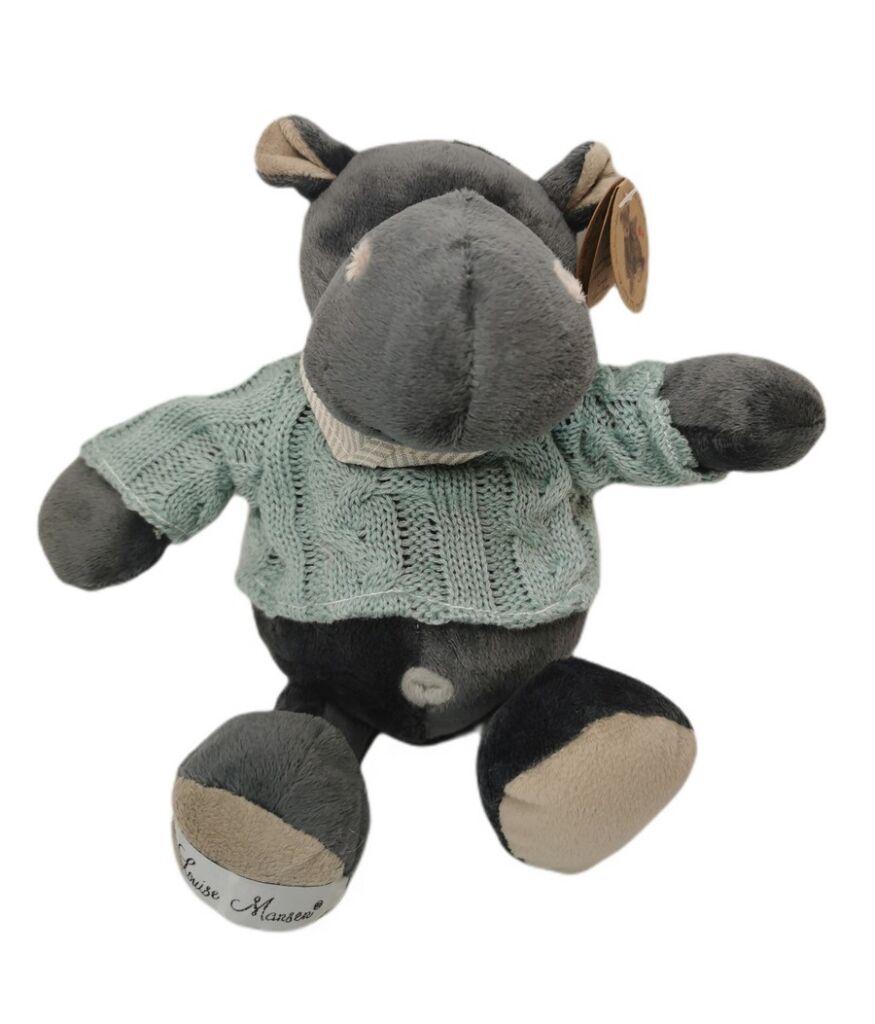 PELUCHE HIPPOPOTAME GRIS NOMMEE ARWEN PULL CIEL FOULARD VELOURS 28 CM - Photo N°2