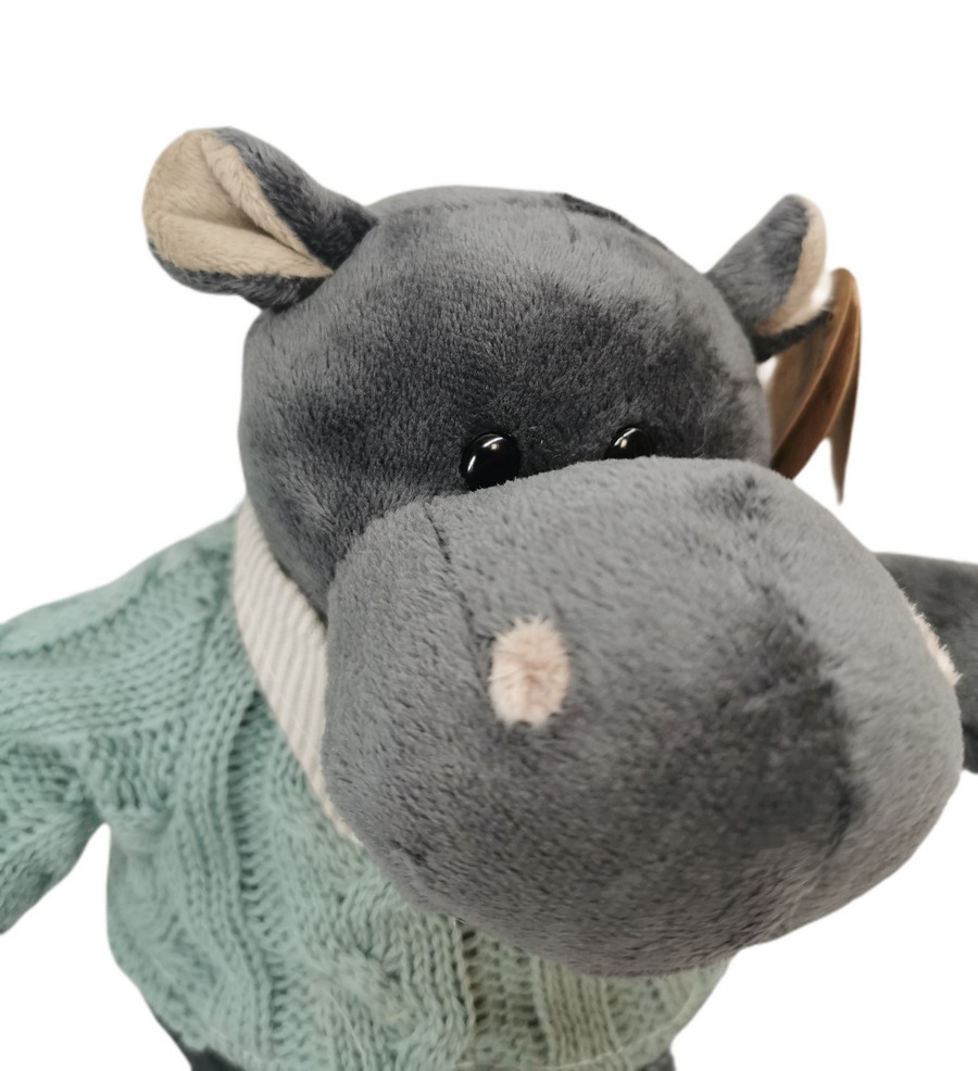 PELUCHE HIPPOPOTAME GRIS NOMMEE ARWEN PULL CIEL FOULARD VELOURS 28 CM - Photo N°4