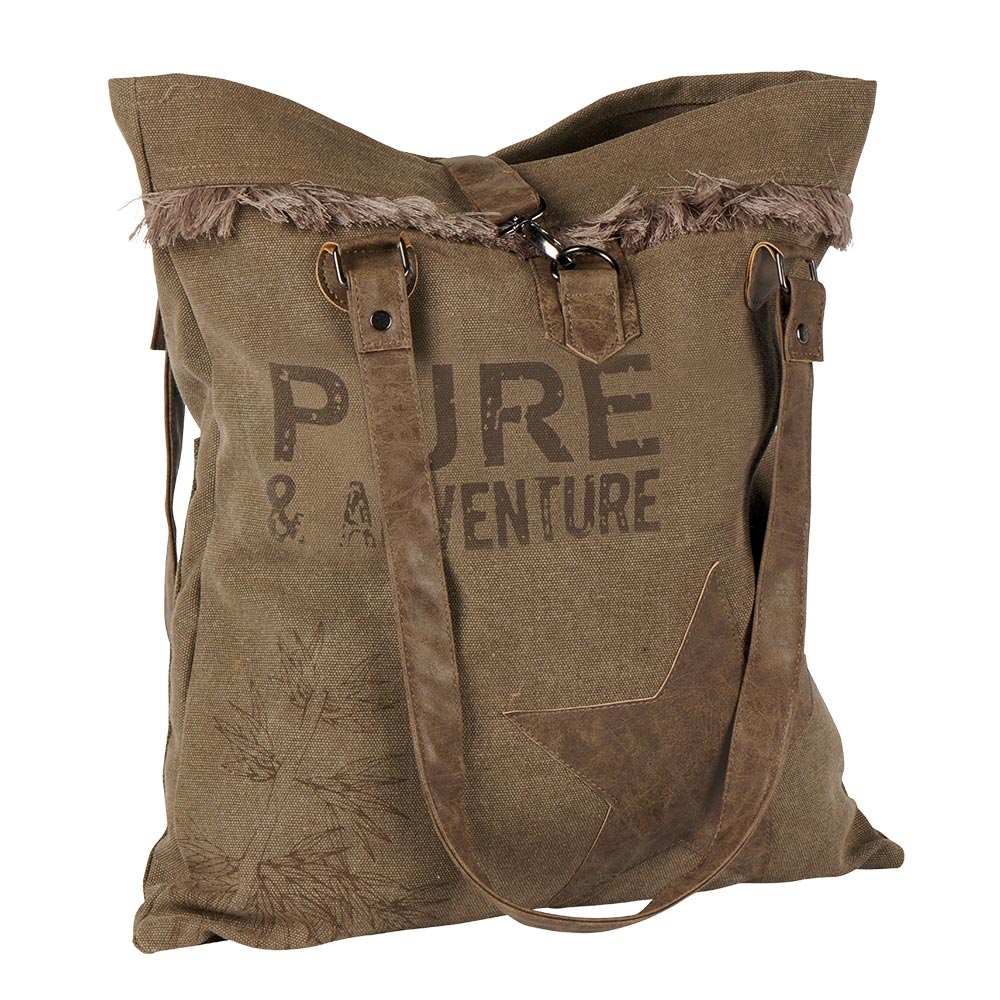 SAC A MAIN TOILE KAKI VINTAGE ET MARRON 38 X 42 CM - Photo N°7