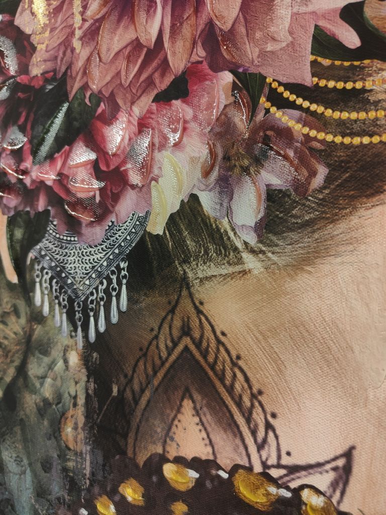 PEINTURE DE FEMME DOS NU TATOUE COIFFE DE FLEURS 80 X 120  CM - Photo N°4