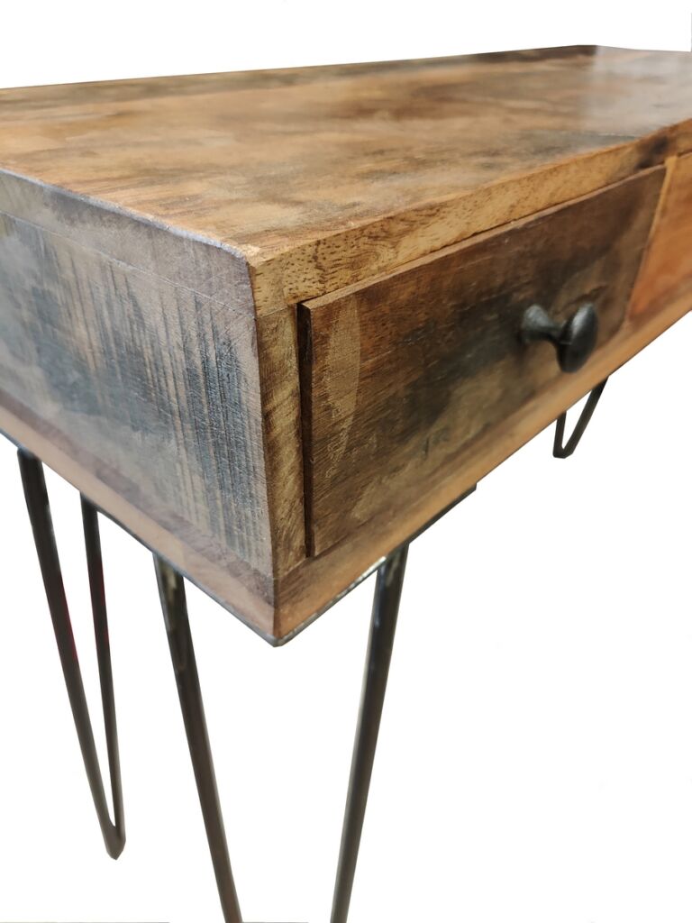 CONSOLE BOIS TECK RECYCLE 4 TIROIRS PIEDS TUBE METAL NOIR  110 X 30 X 76 CM - Photo N°4