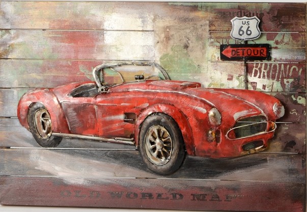 DECO MURALE BOIS ET FER VOITURE ROUGE 90 X 60 X 9 CM - Photo N°1