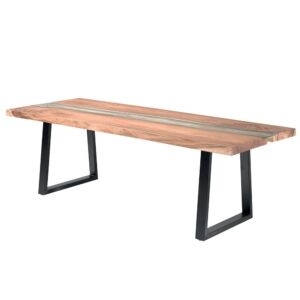 TABLE CONTEMPORAINE PLATEAU BOIS VERRE PIEDS METAL EN SUAR MASSIF 240 X 100 X 77