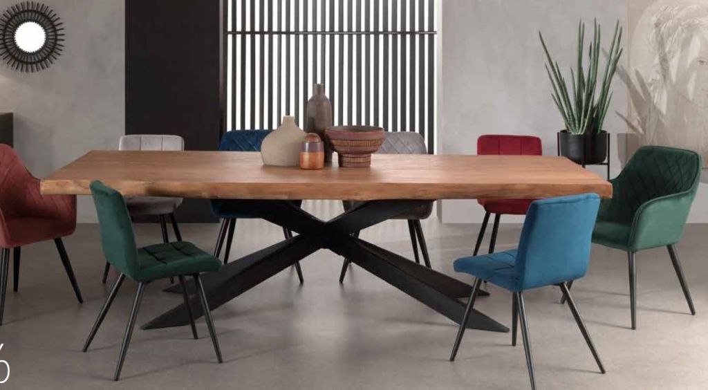 TABLE VALLEY TECK MASSIF BORD BRUT PIED DESTRUCTURE METAL NOIR 200 X 100 X 77 CM - Photo N°1