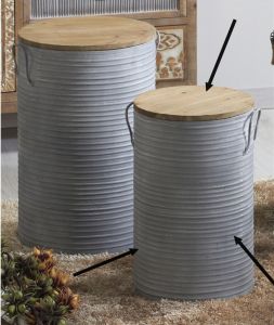 TABOURET SEAU METAL GRIS COUVERCLE AMOVIBLE BOIS 34 X 34 X 51 CM