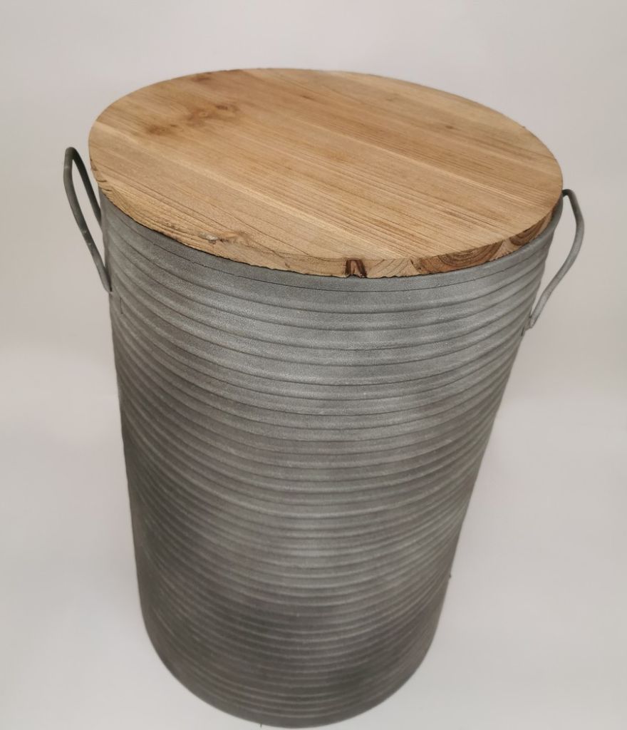 TABOURET SEAU METAL GRIS COUVERCLE AMOVIBLE BOIS 40 X 61 CM - Photo N°1