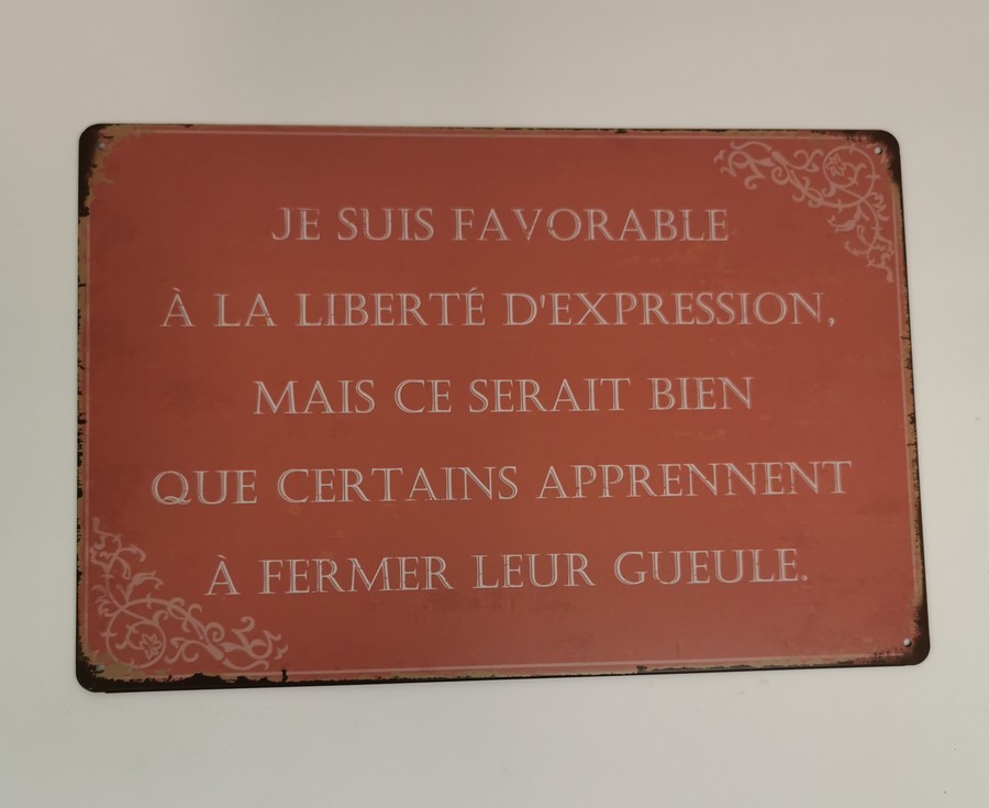 PLAQUE METAL 20X30 CM EXPRESSION JE SUIS FAVORABLE A LA LIBERTE.... - Photo N°1