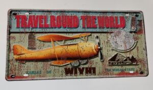 PLAQUE METAL 20 X 40 CM AVION VOYAGER AUTOUR DU MONDE