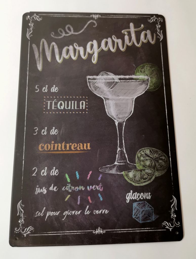 PLAQUE RECETTE DE COCKTAIL MARGARITA EN METAL FOND NOIR 20 X 30 CM - Photo N°1