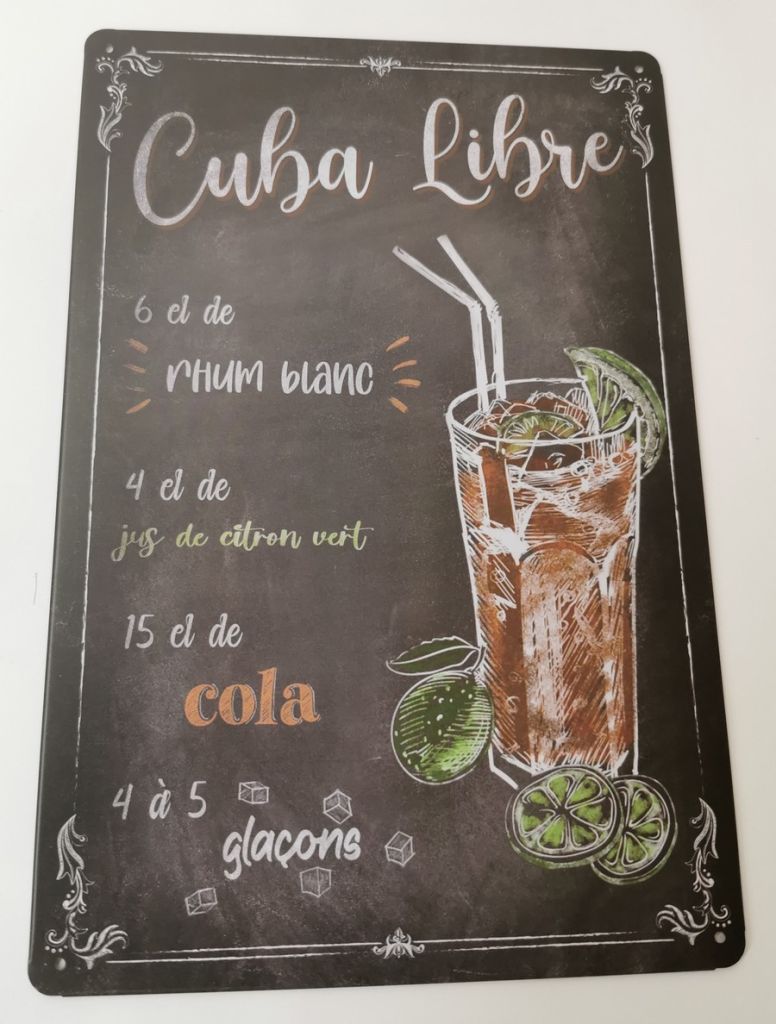 PLAQUE RECETTE DE COCKTAIL CUBA LIBRE EN METAL FOND NOIR 20 X 30 CM - Photo N°1