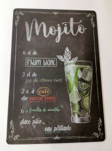 PLAQUE RECETTE DE COCKTAIL MOJITO EN METAL FOND NOIR 20 X 30 CM