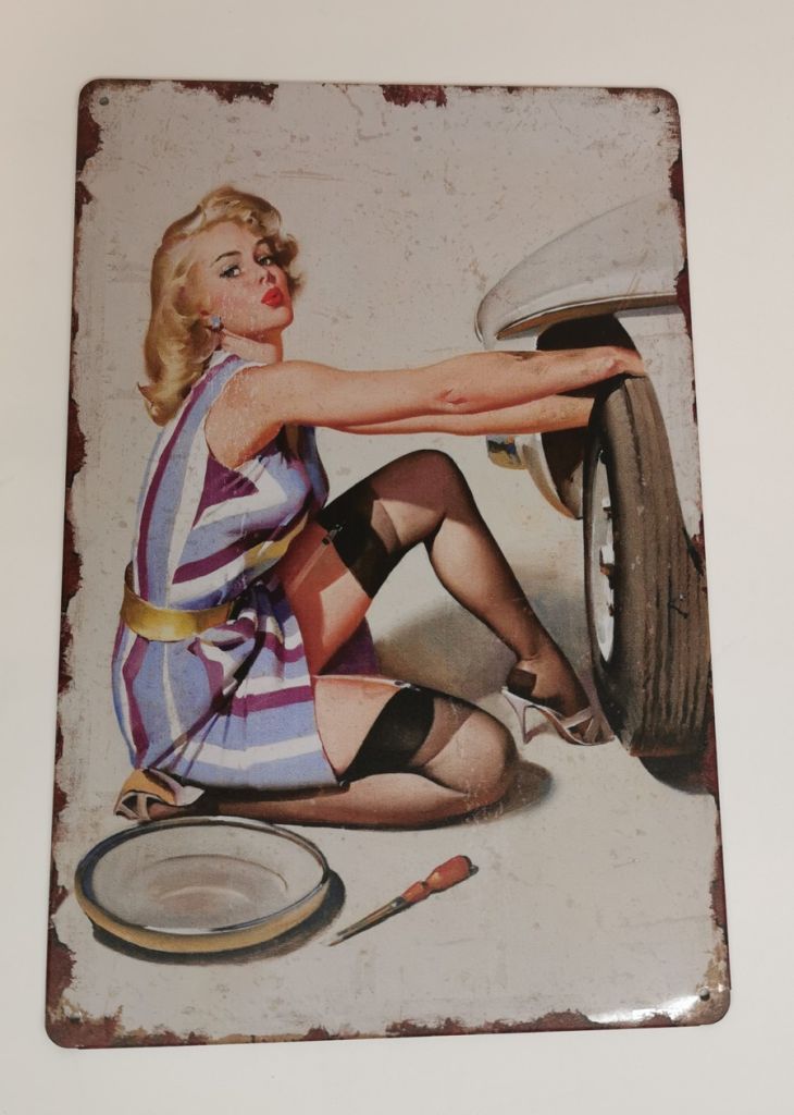 PLAQUE METAL 20 X 30 cm PIN UP CHANGEANT UNE ROUE - Photo N°4