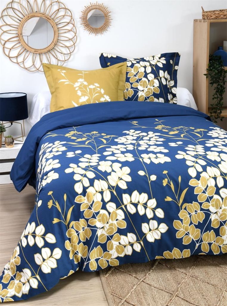 PARURE DE LIT CAMOMILLE BLEU 240X220 2 TAIES 65X65 CM - Photo N°1