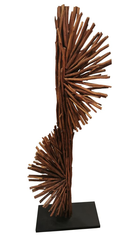 LAMPADAIRE 2 LAMPES ABAT-JOUR BOIS RECYCLE EN TORSADE  50 X 150 X 35 CM - Photo N°1