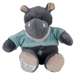 PELUCHE HIPPOPOTAME GRIS NOMMEE ARWEN PULL CIEL FOULARD VELOURS 28 CM