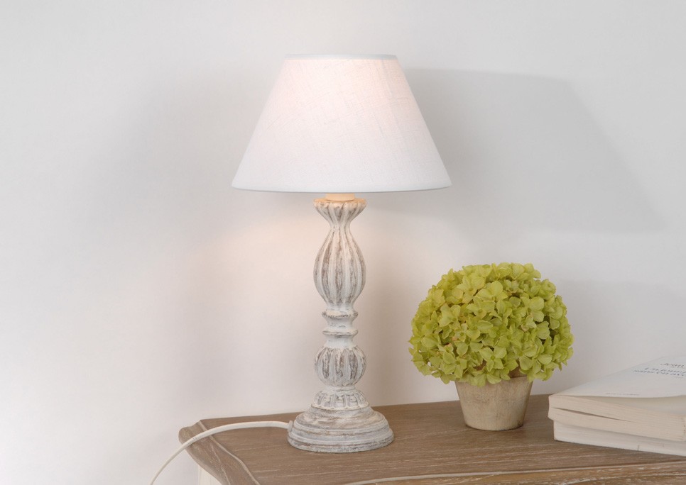 LAMPE AGNES ABAT-JOUR LIN BLANC PIED BOIS H 36 CM - Photo N°1