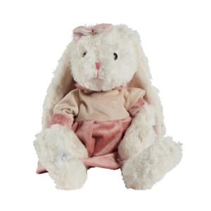 LAPIN BLANC EN ROBE BEIGE ET ROSE  NOMME MONA 50 CM