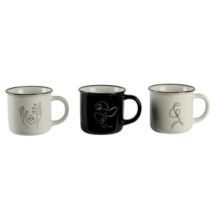 SET 3 MUGS DECOR VISAGE PORCELAINE COULEUR NOIR ET BLANC 9.5 X 9 CM
