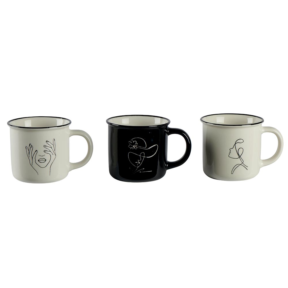 SET 3 MUGS DECOR VISAGE PORCELAINE COULEUR NOIR ET BLANC 9.5 X 9 CM - Photo N°1