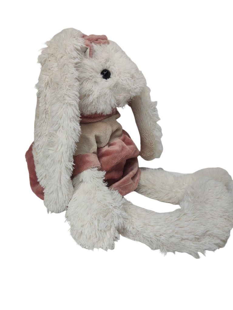 LAPIN BLANC EN ROBE BEIGE ET ROSE  NOMME MONA 50 CM - Photo N°4