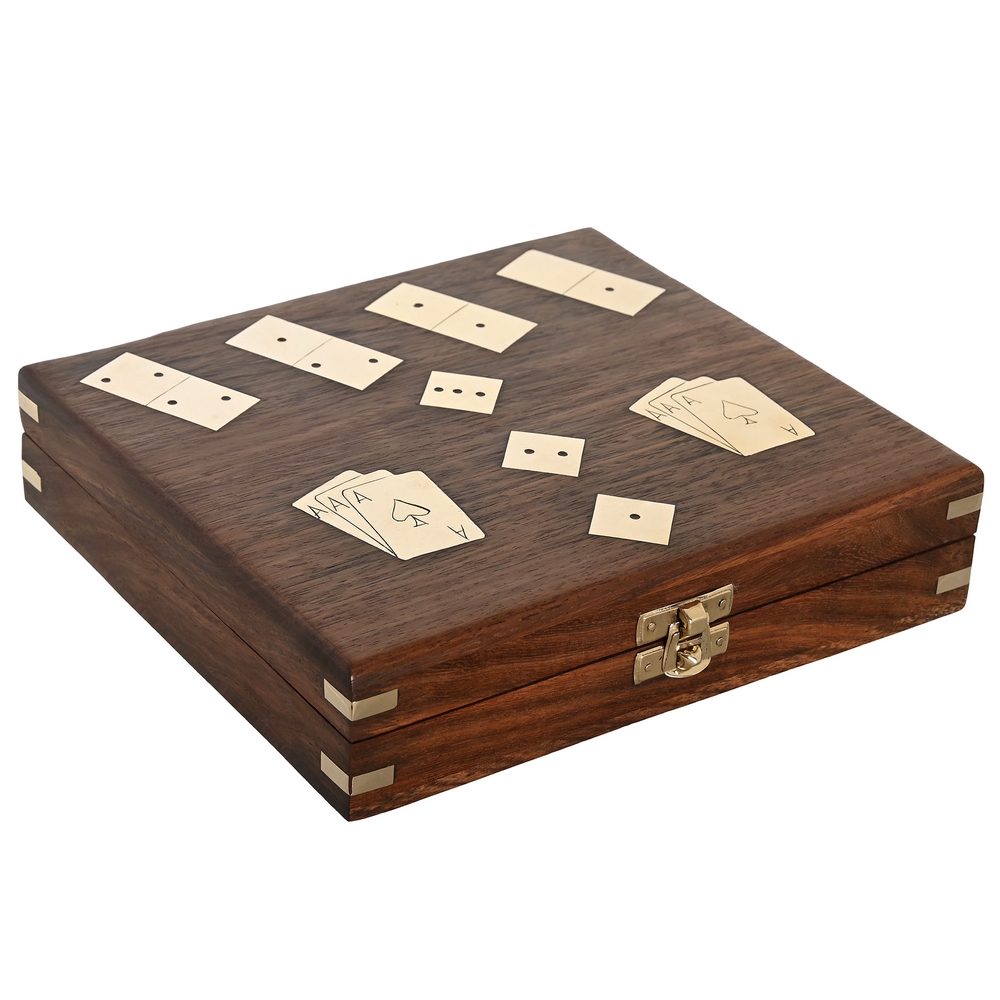 SET DE 4 JEUX DANS CAISSE BOIS DE SHEESHAM 21 X 17 X 4.5 CM - Photo N°1