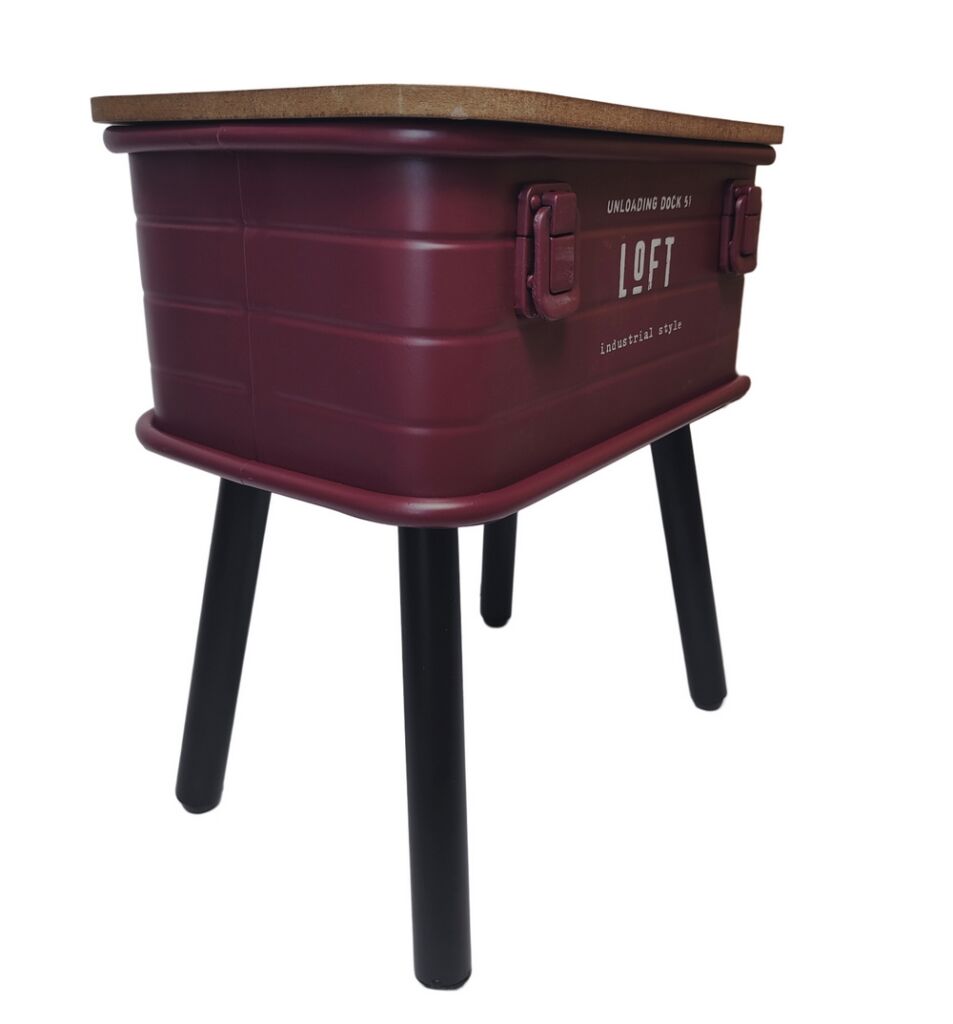 TABLE D'APPOINT CAISSE DE RANGEMENT METAL ROUGE DESSUS BOIS 32 x 21.5 x 36 cm - Photo N°2
