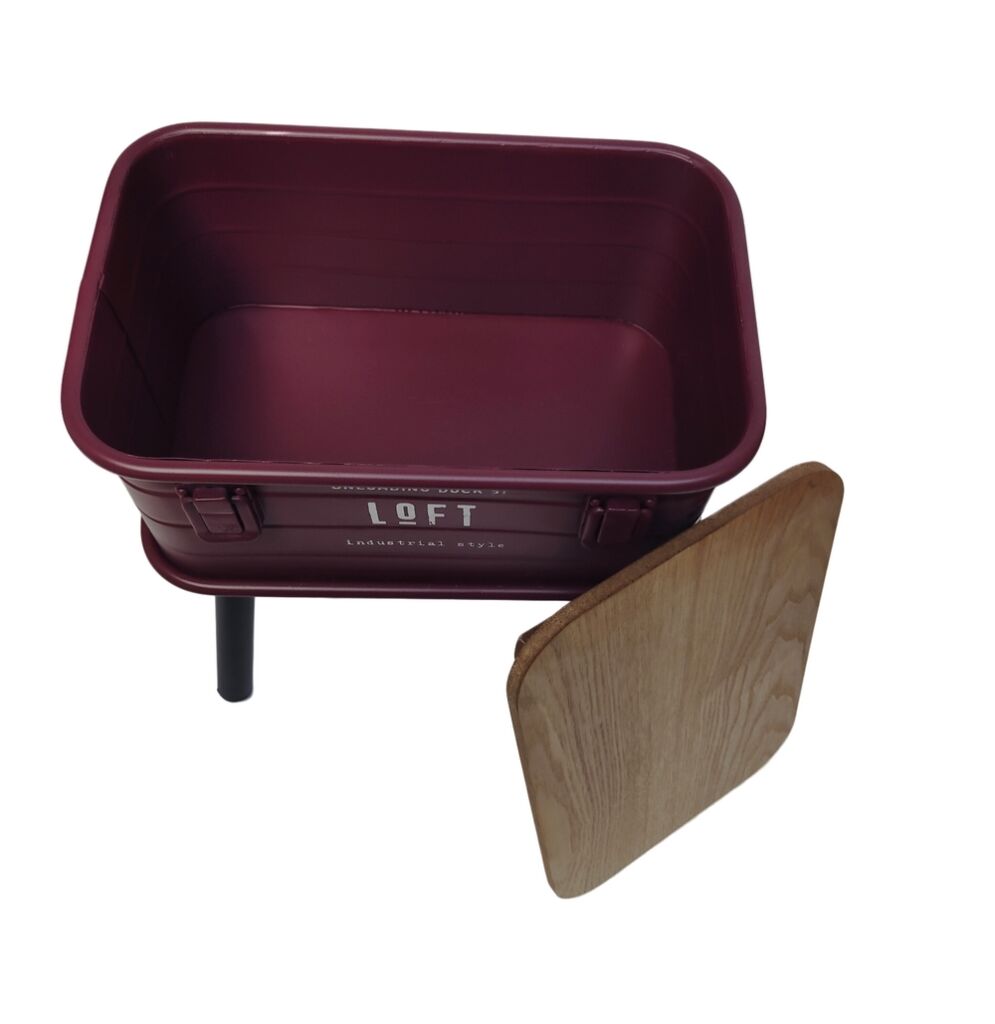 TABLE D'APPOINT CAISSE DE RANGEMENT METAL ROUGE DESSUS BOIS 32 x 21.5 x 36 cm - Photo N°3