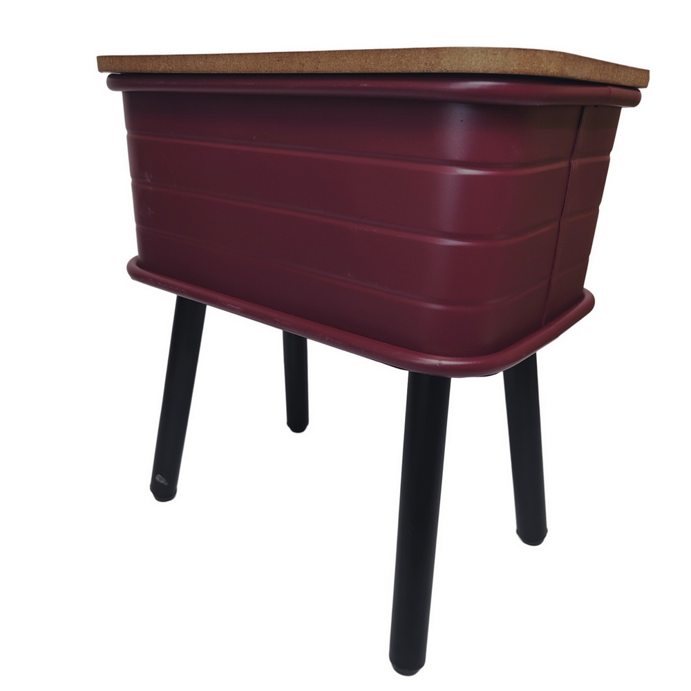 TABLE D'APPOINT CAISSE DE RANGEMENT METAL ROUGE DESSUS BOIS 32 x 21.5 x 36 cm - Photo N°4