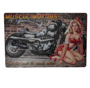 PLAQUE METAL MURALE 20X30 CM MOTO ET PIN-UP