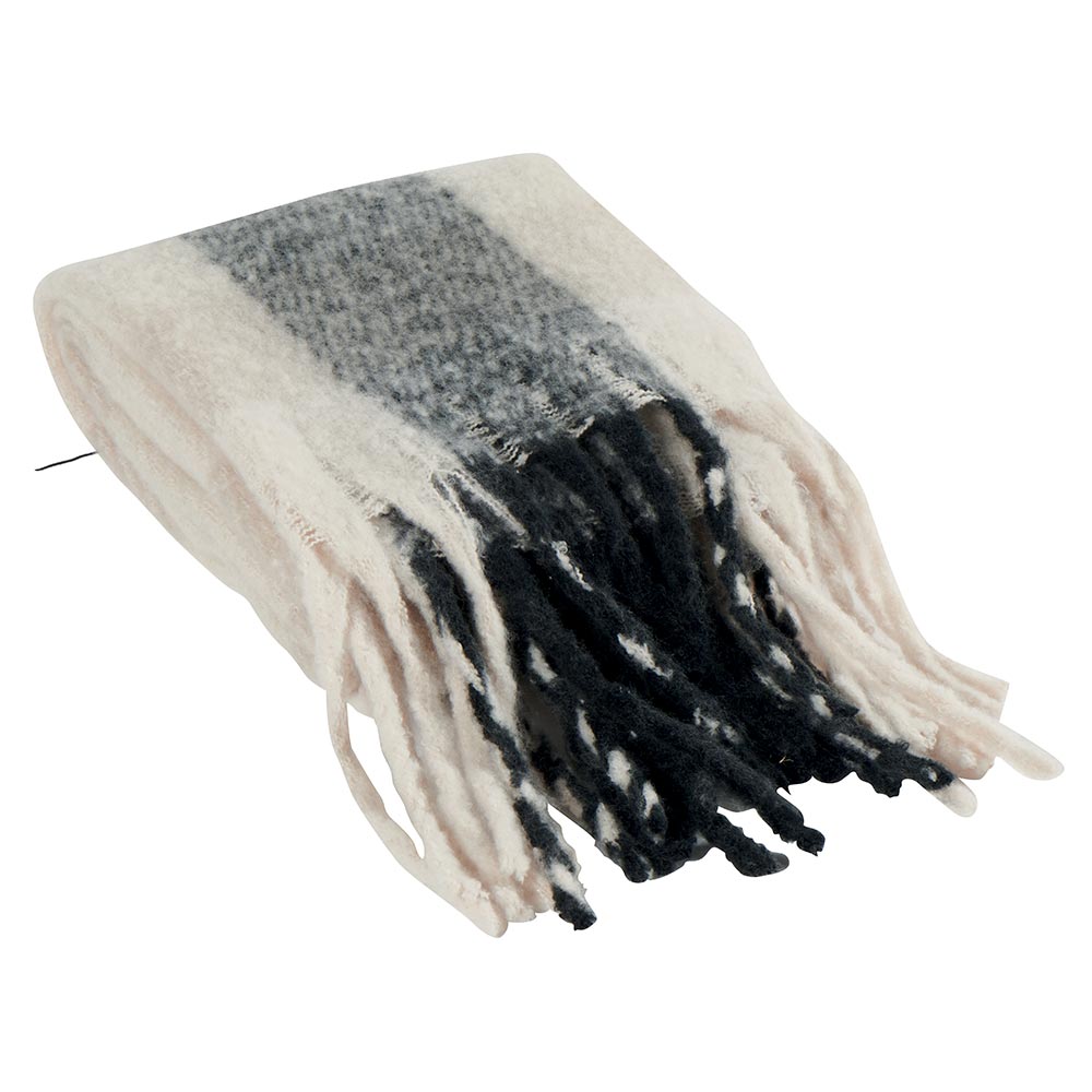 ECHARPE A LONGUES FRANGES NOIR GRISE ET BEIGE 200 X 48 CM - Photo N°2