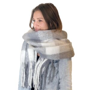 ECHARPE A LONGUES FRANGES BLANCHE GRISE ET BEIGE 200 X 48 CM