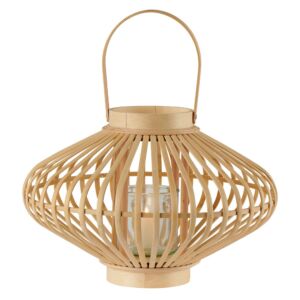 LANTERNE SPHERE ECRASE EN BAMBOU NATUREL ANSE RIGIDE 36 X 25 CM