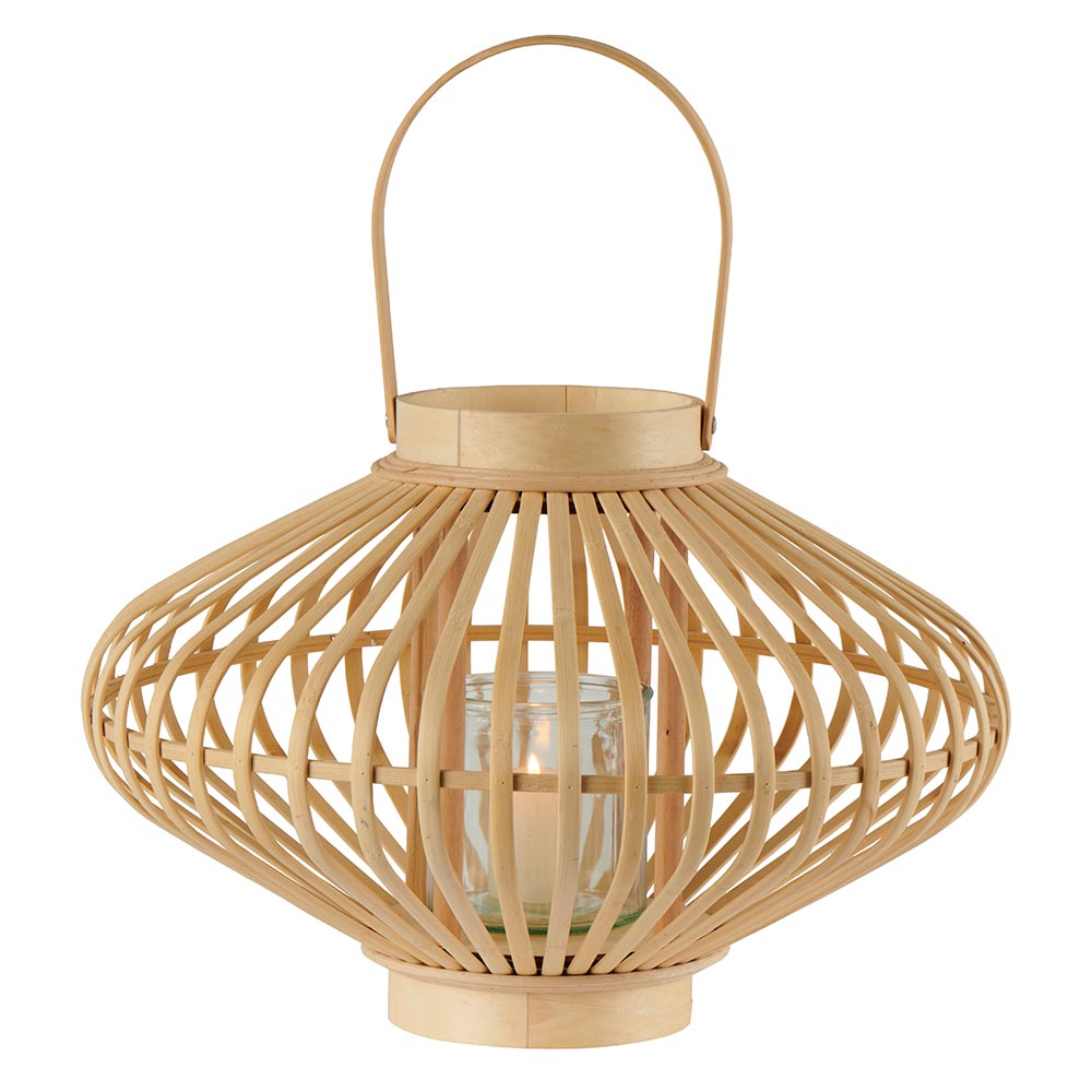 LANTERNE SPHERE ECRASE EN BAMBOU NATUREL ANSE RIGIDE 36 X 25 CM - Photo N°1