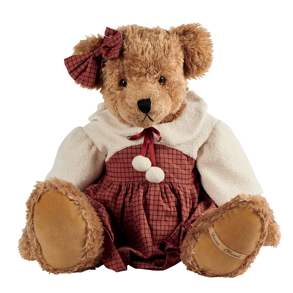 GROSSE PELUCHE OURS BRUN SUZON ROBE ROUGE ET POLAIRE 80 cm LOUISE MANSEN - Photo N°2