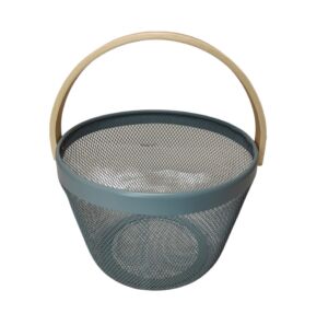 PANIER METAL ROND BLEU 1 ANSE BOIS 26 X 18 X 26 CM