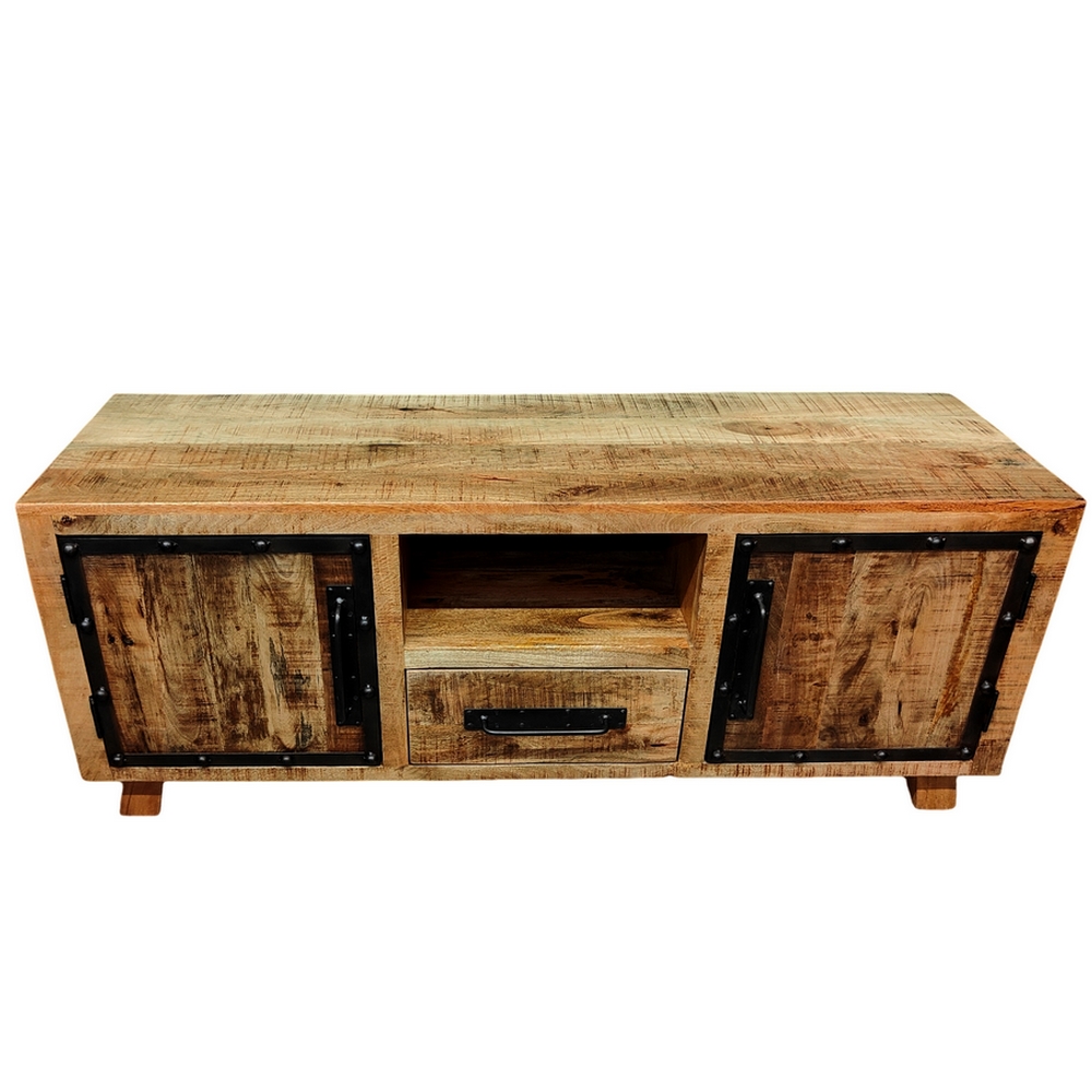 MEUBLE TV MANGUIER ET METAL 2 PORTES 150 X 45 X 60 CM - Photo N°6